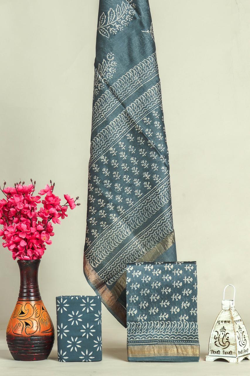 Beautiful Hand Block Printed Maheshwari Silk Cotton Unstitched suit fabric - 3 pc set