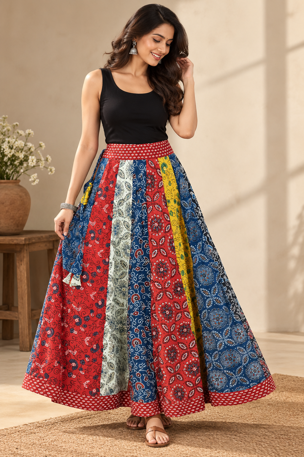Beautiful Ajrakh Patch Work Cotton Long Skirt with Stitched borders NO - 22
