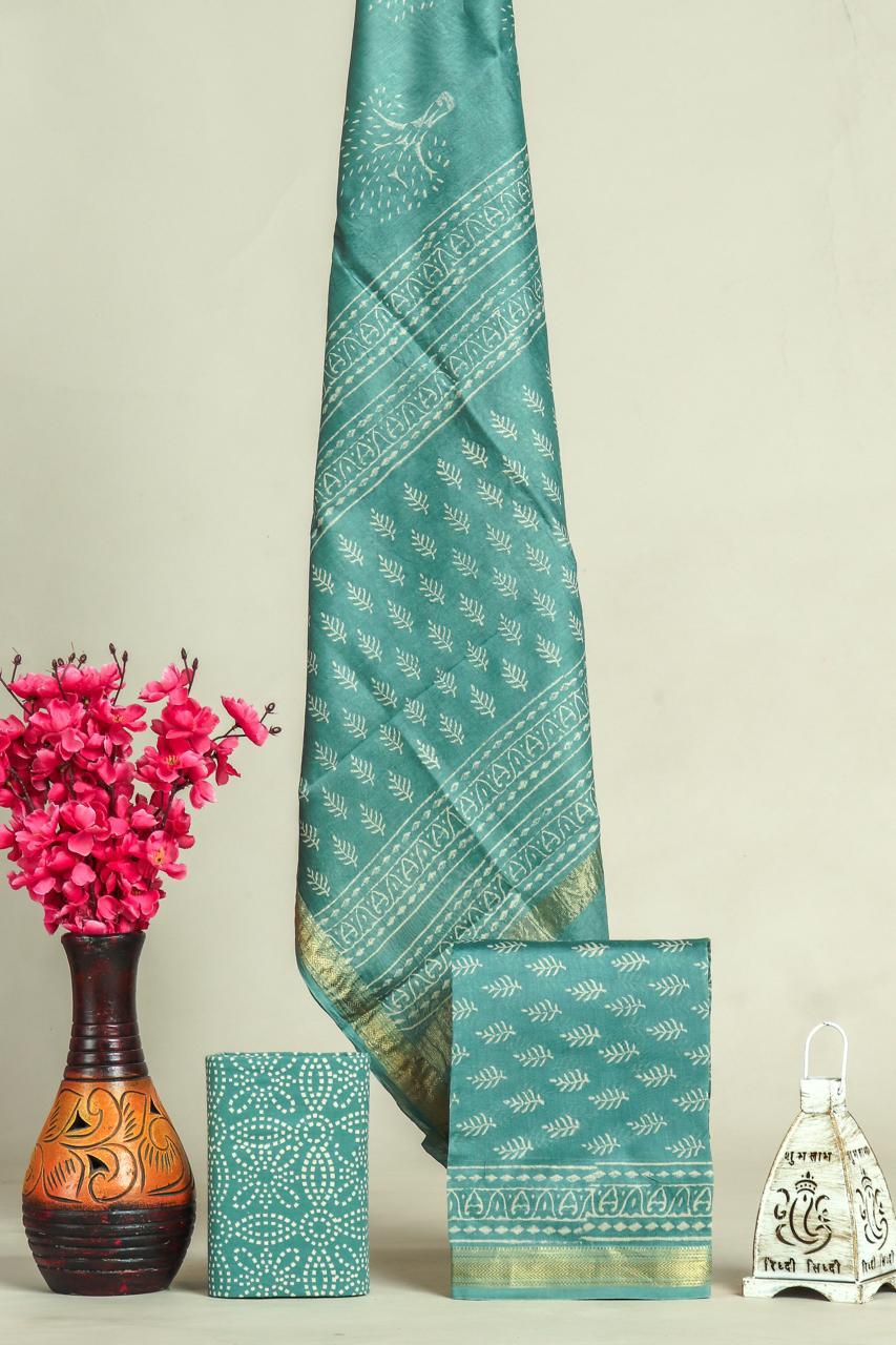 Beautiful Hand Block Printed Maheshwari Silk Cotton Unstitched suit fabric - 3 pc set