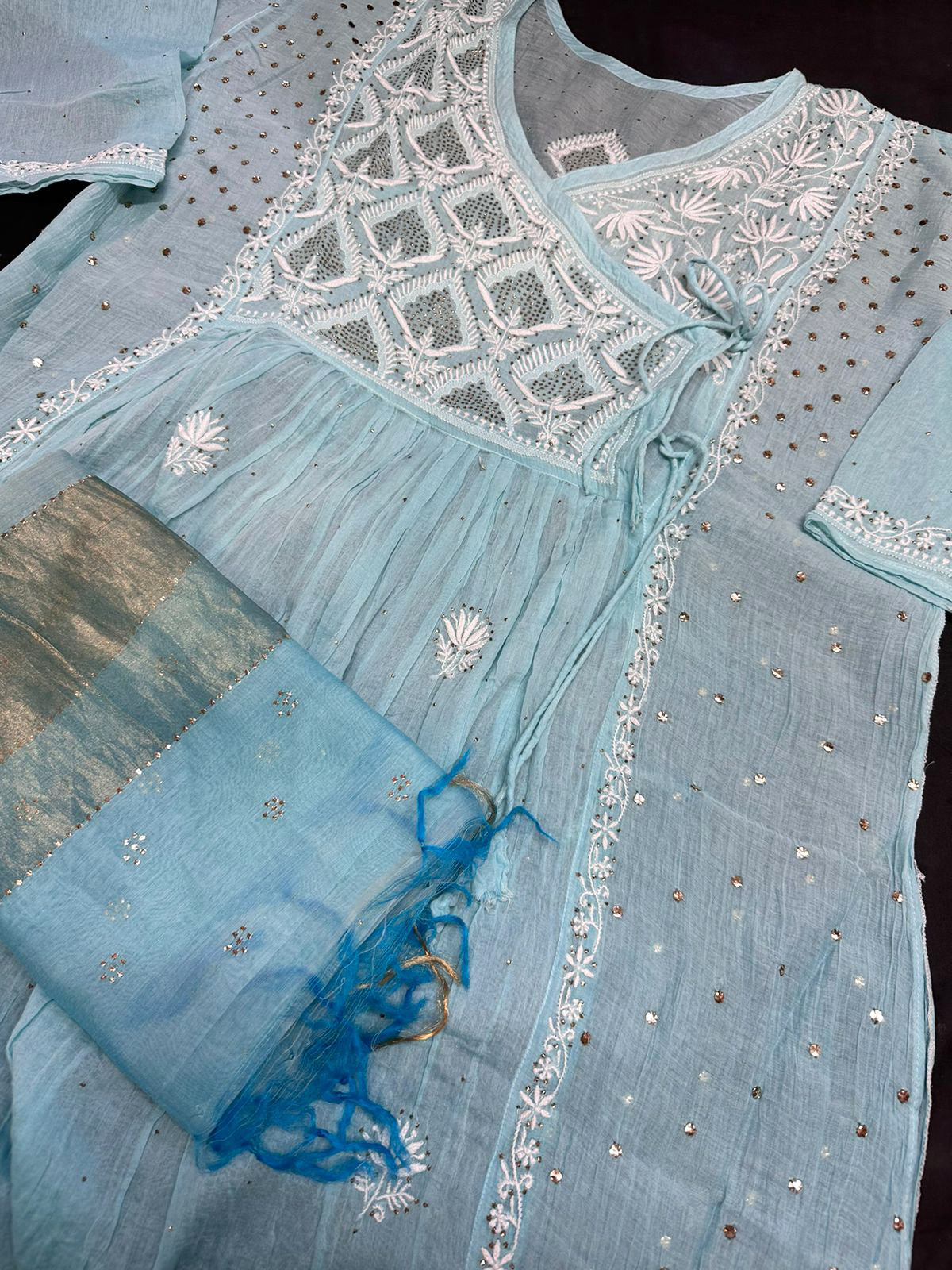 Elegant Mul chanderi silk Semi stitched Angarkha & dupatta set with Chikankari & Muqaish work
