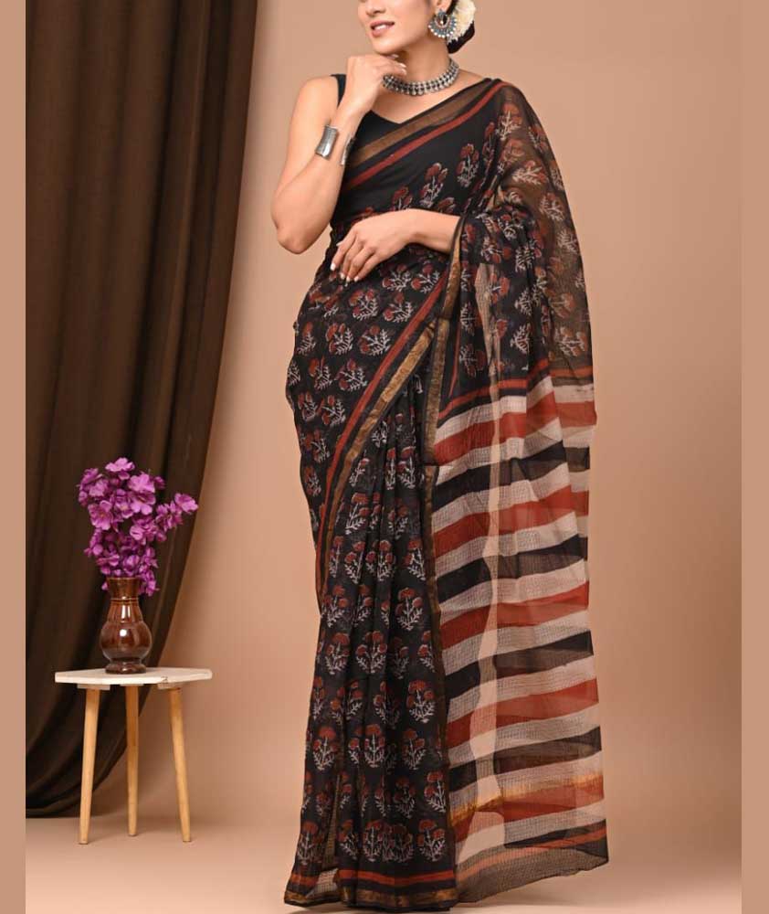 Beautiful Hand Block Printed Kota cotton Saree with zari border