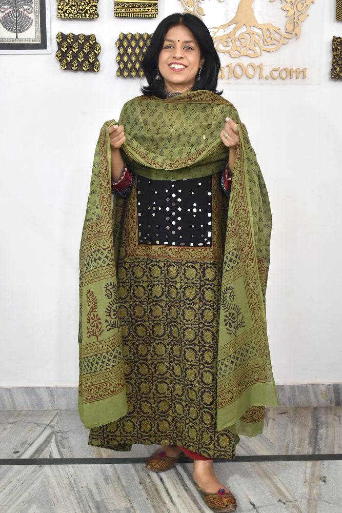 Bagh Hand Block Printed unstitched 3 pc Cotton suit fabric with Kutch Mirror Work