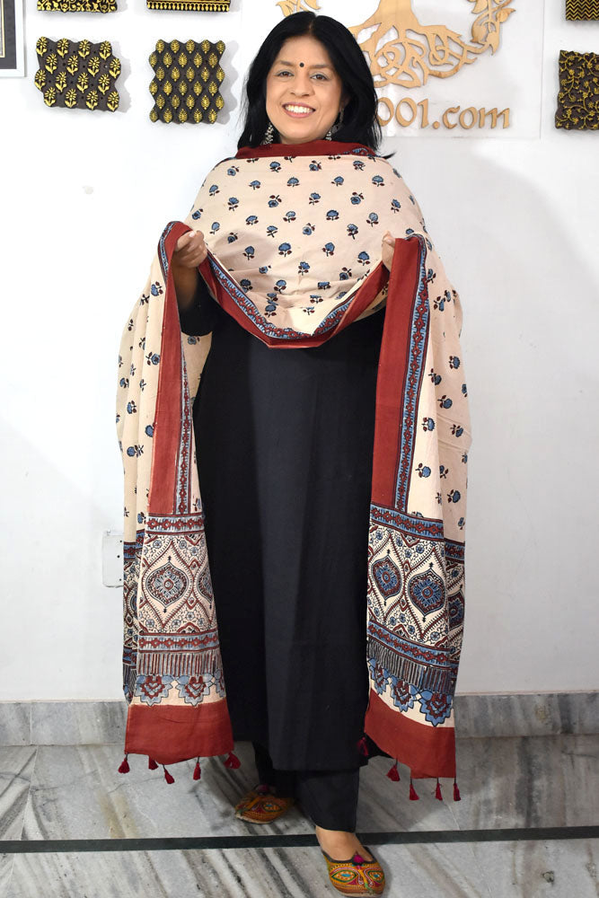 Ajrakh Hand Block Printed Cotton Dupatta with Tassels & natural dyes