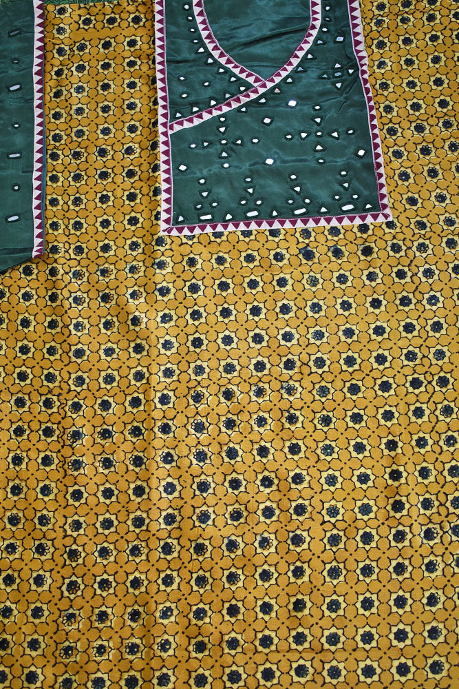 Designer Ajrakh Mashru Kurta Fabric with Kutch Mirror Work patch