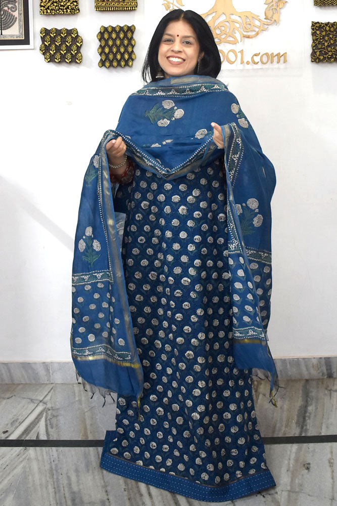Elegant Hand Block print cotton suit with Schiffli work & Chanderi dupatta