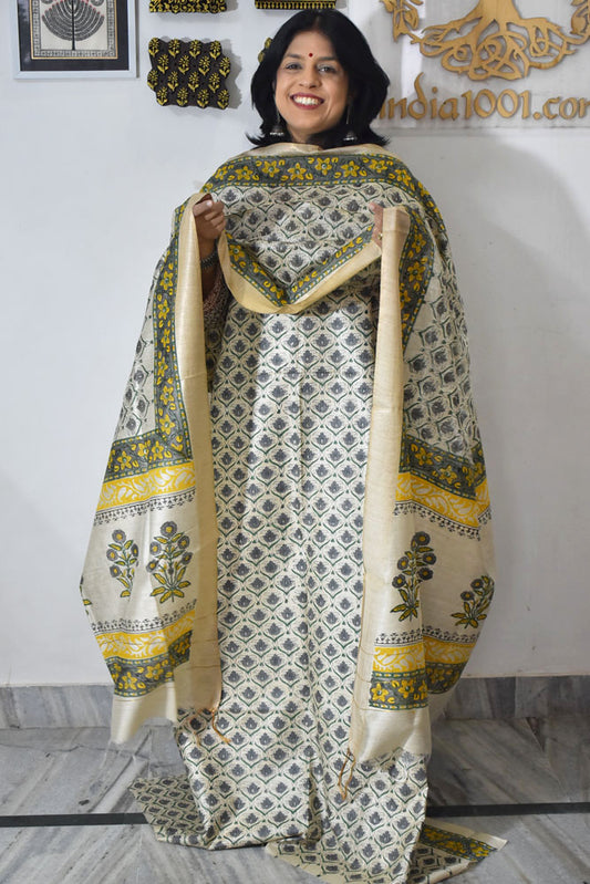 Elegant Hand Block printed Moonga Tussar Silk Kurta Dupatta Set