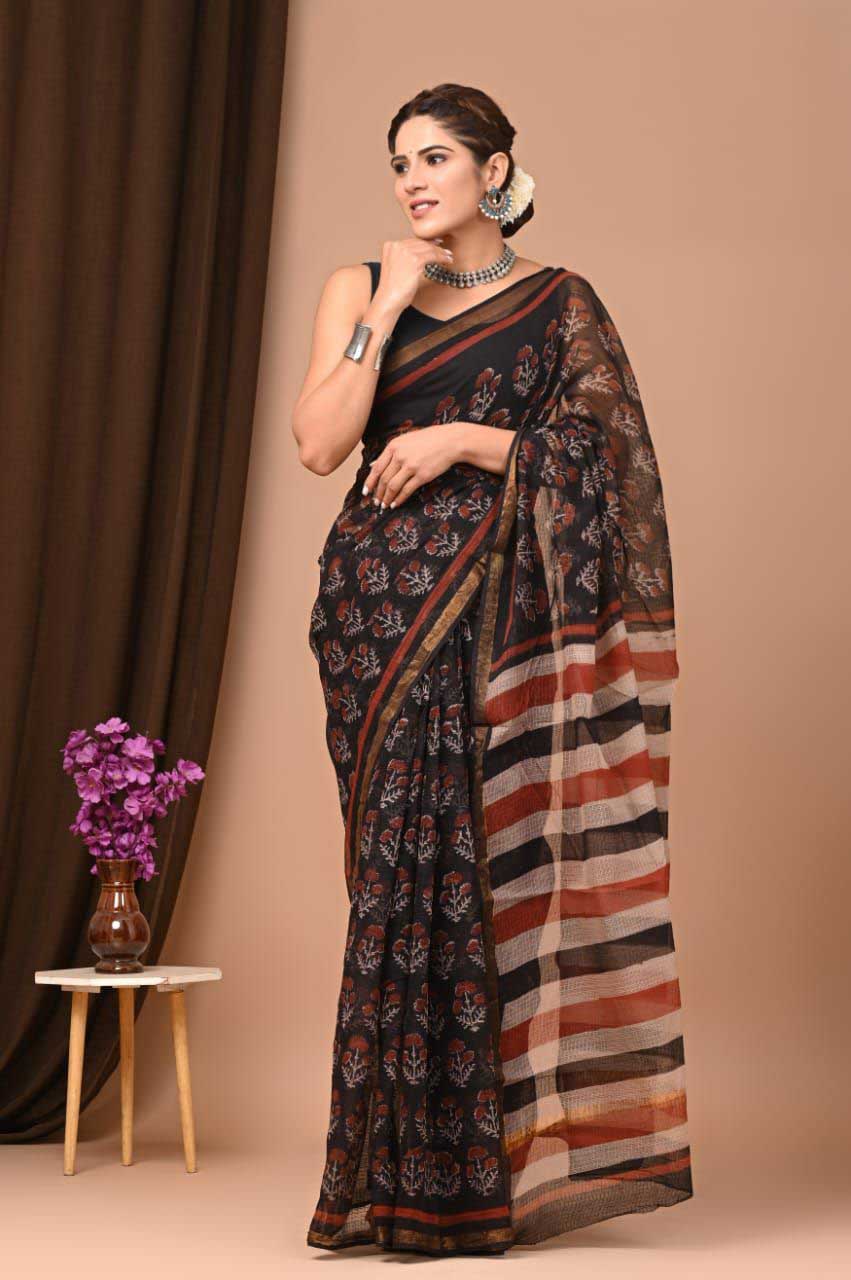 Beautiful Hand Block Printed Kota cotton Saree with zari border