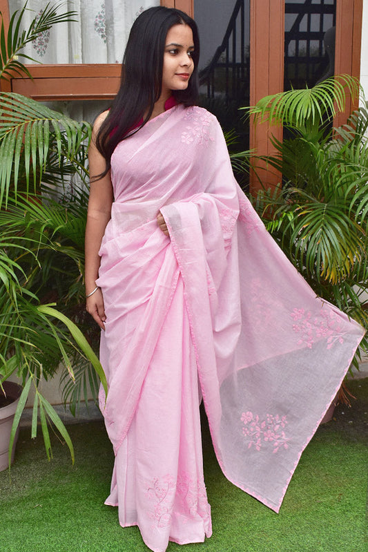 Elegant Soft  Organdy saree with Hand Applique Phool Patti Work & Hand Muqaish Work