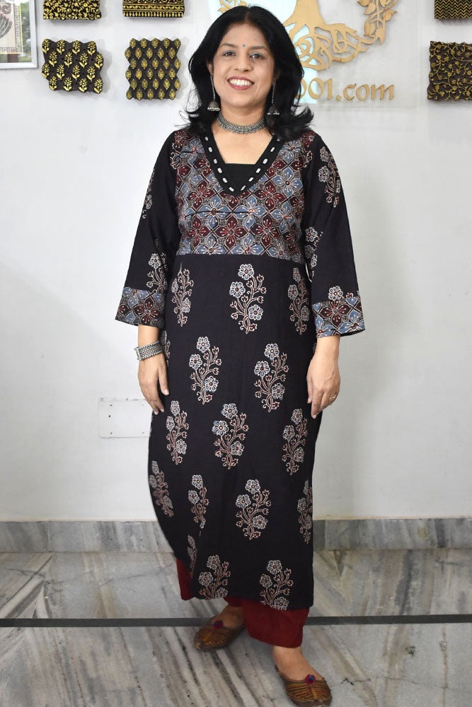 Beautiful Hand Block Printed Ajrakh Cotton kurta with Kutch Mirror work , Size 38 to 46