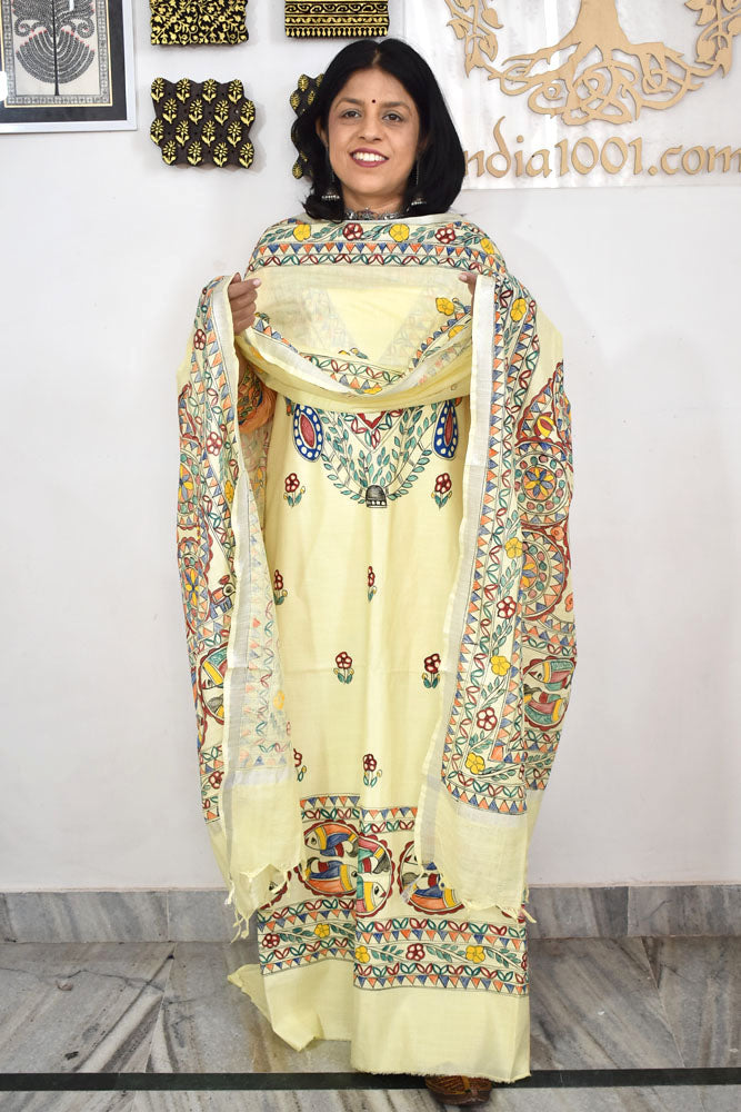 Slub Cotton suit with Hand Painted Madhubani Art patterns