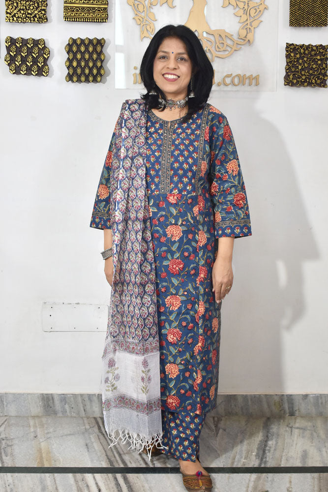Hand Block Printed Cotton suit with Hand Embroidery - Kurta , Kota Dupatta & Pant - size 38, 40, 42, 44, 46