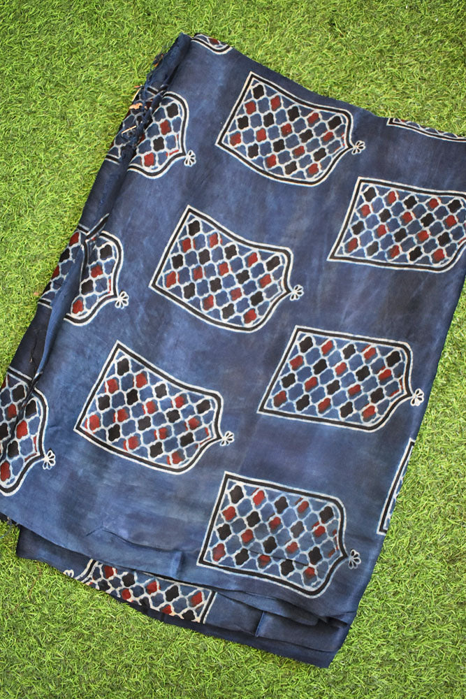 Beautiful Modal Silk Ajrakh Hand Block Print Fabric - 2.5 mtrs cut