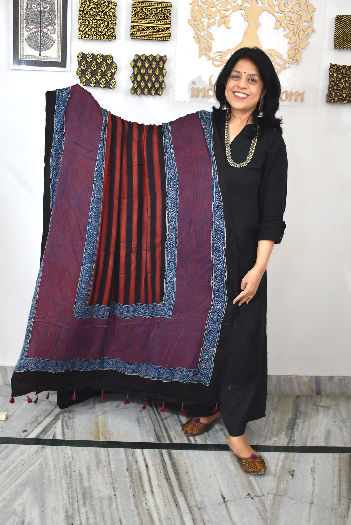 Designer Modal Silk Ajrakh Block Print Dupatta with tassels