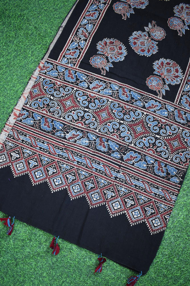 Ajrakh Hand Block Printed Khadi Cotton Stole with Tassels & natural dyes