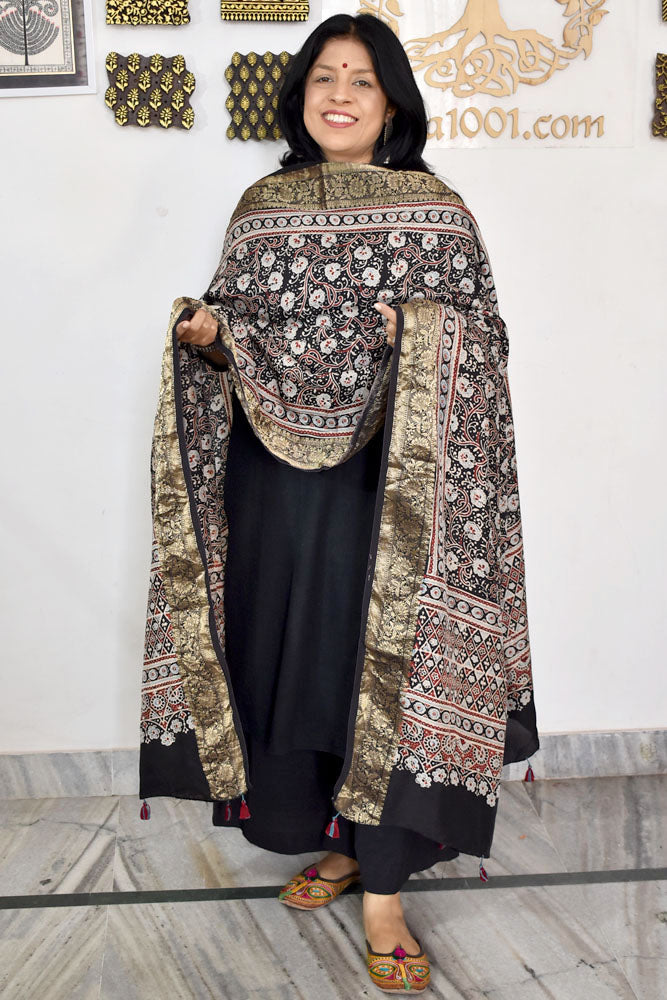 Beautiful Ajrakh Dola Silk Hand Block Print Dupatta with Tassels