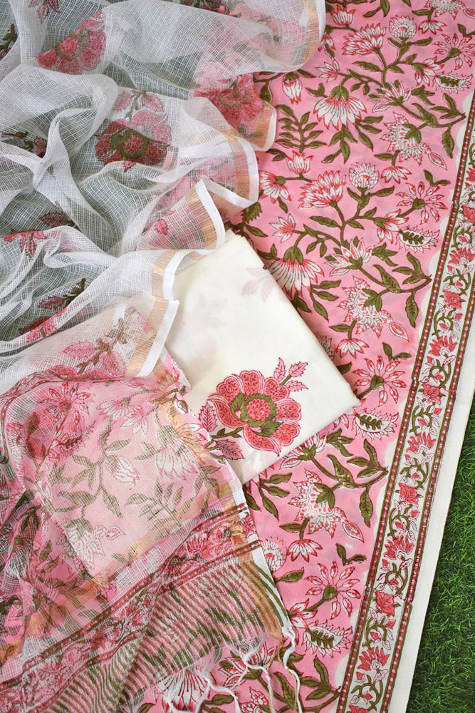 Beautiful Hand Block Printed Cotton unstitched suit fabric with Kota Doria Dupatta