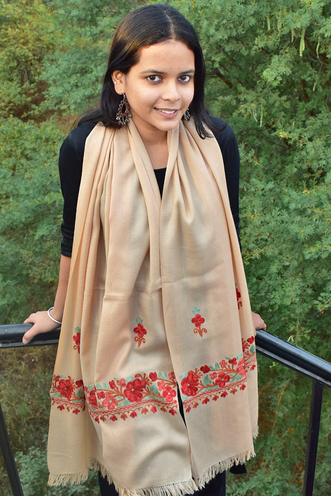 Elegant, Fine& Soft Semi Pashmina Woolen Stole with Aari work Embroidery