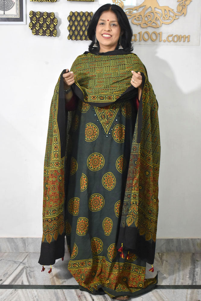 Designer Ajrakh Cotton kurta with panel design & Mirror work & Cotton dupatta - 3 piece set