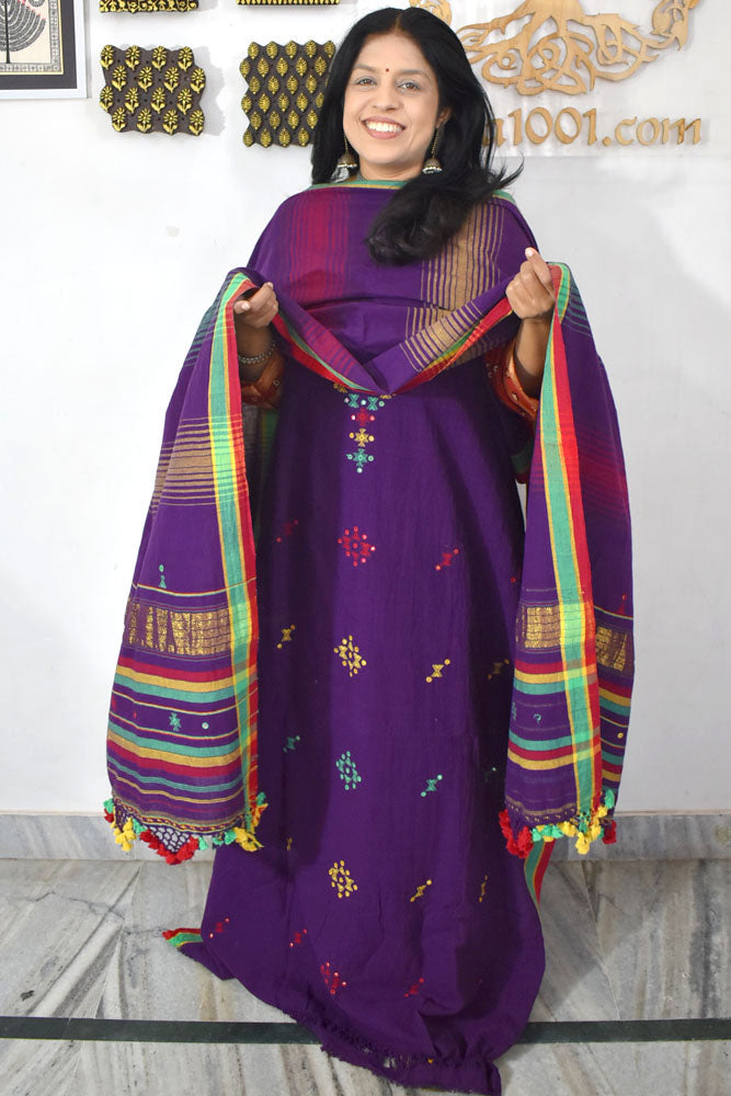 Premium Handwoven Kala Cotton Bhujodi suits with Mirror Work - 3 pc set
