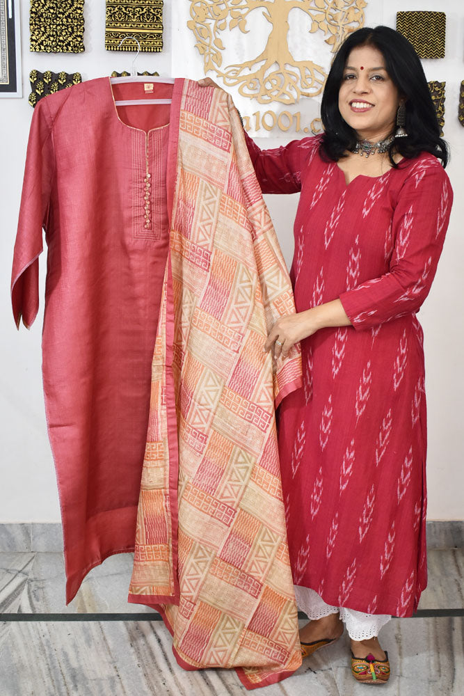 Semi Stitched Block Printed Tussar Silk Dupatta  & Tussar Kurta Fabric