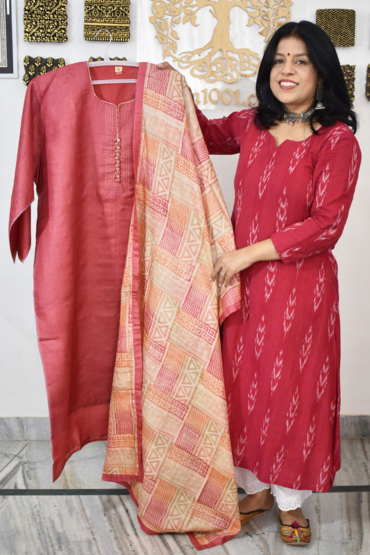 Semi Stitched Block Printed Tussar Silk Dupatta  & Tussar Kurta Fabric