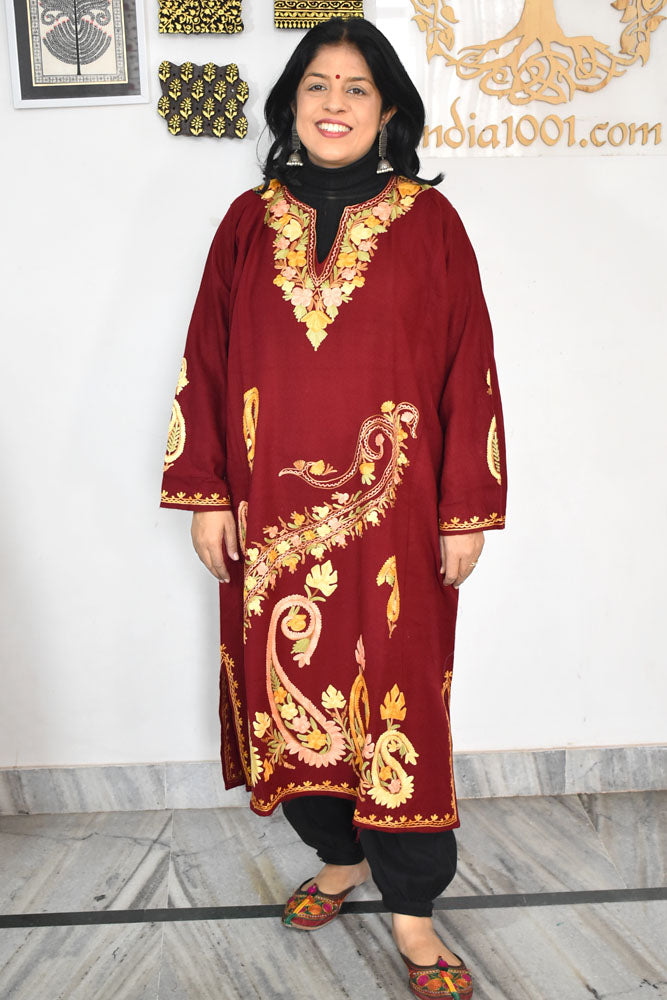 Kashmiri Wool Aari Embroidered Solid Women's Pheran Kurta - Free Size ( for size 38- 48)