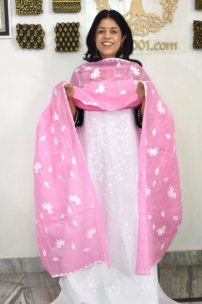 Handcrafted Phool Patti Applique & Hand Crochet work Kota cotton dupatta
