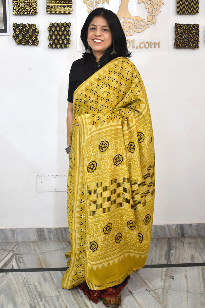 Elegant Hand Block Printed Vanaspati Ajrakh Muslin Silk Cotton Saree with blouse