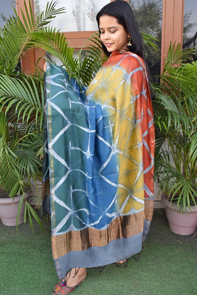 Clamp Dyed Chanderi Dupatta with Zari border and palla