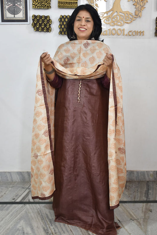 Semi Stitched Block Printed Tussar Silk Dupatta  & Tussar Kurta Fabric