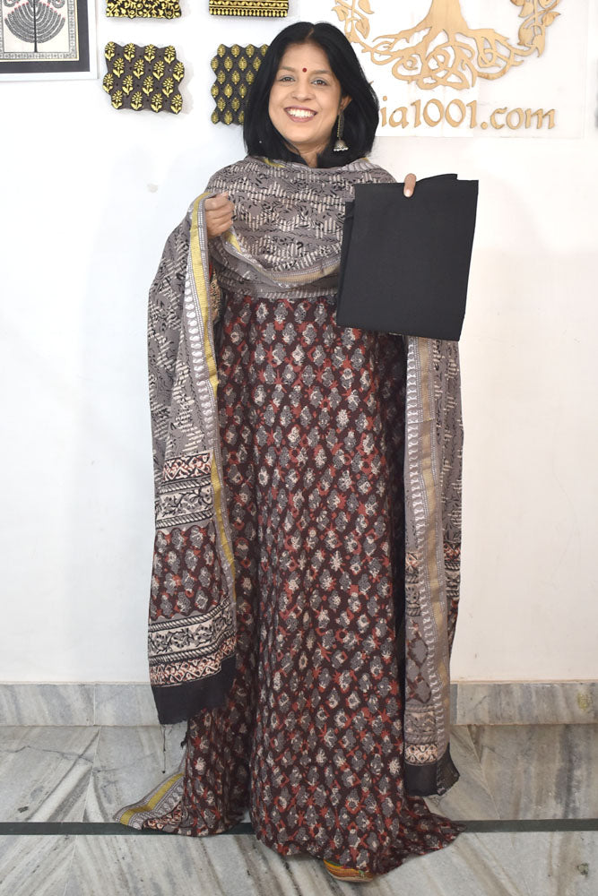 Beautiful Hand Block Printed Cotton unstitched suit fabric with Woven Borders Cotton dupatta