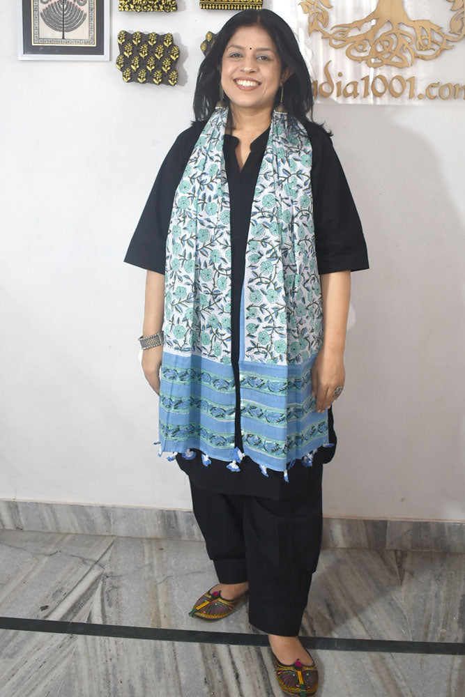 Elegant Hand block printed Cotton stole with cloth tassels