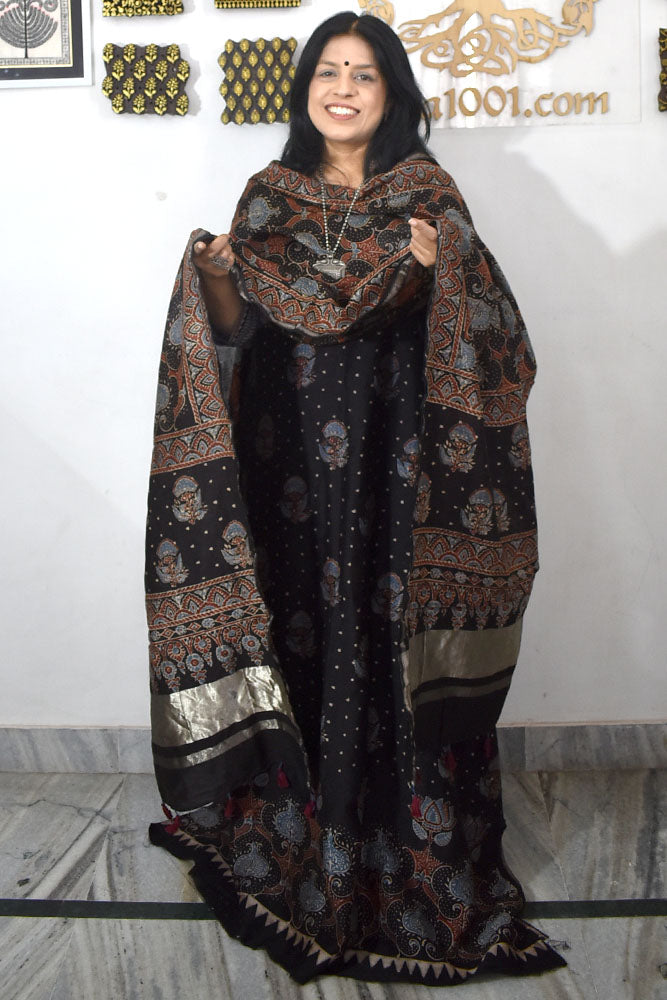 Beautiful Hand Block printed Ajrakh Chanderi Kurta and Lagdi patta dupatta set
