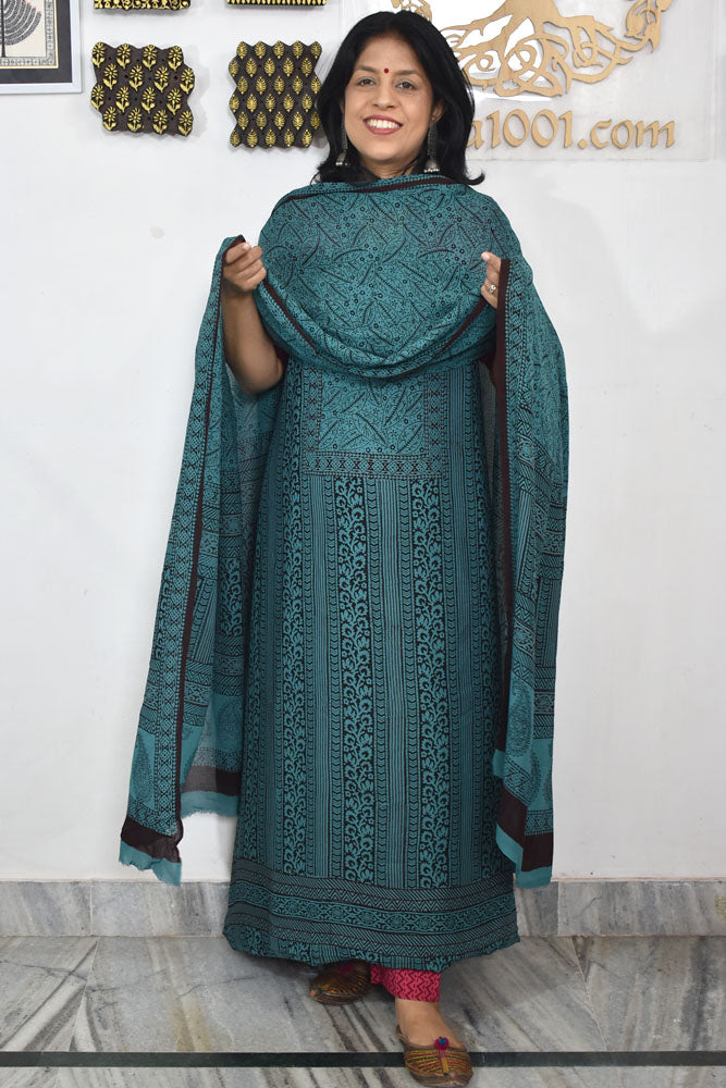 Bagh Hand Block Print Georgette Dupatta & Georgette Kurta Fabric With Cotton Bottom