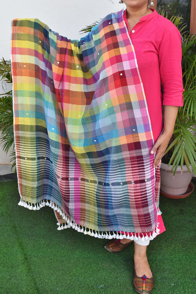Elegant Handwoven Multicolor Checks Cotton Bhujodi Dupatta with Mirror and Tassels