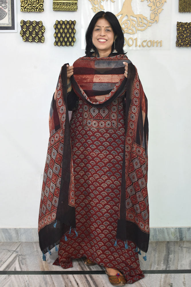 Ajrakh Hand Block Print Georgette Dupatta & Georgette Kurta Fabric