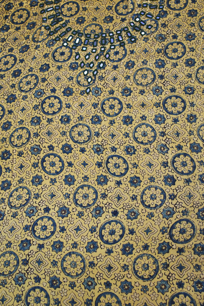 Designer Ajrakh Modal Silk Kurta Fabric with Kutch Mirror Work - 3 mtrs length