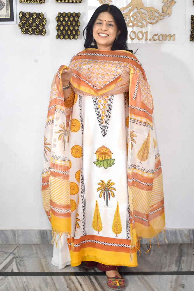 Designer Hand Block Print Cotton suit with Chanderi dupatta