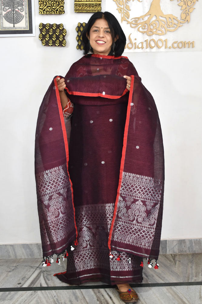 Kalakriti : Beautiful Hand Woven Pure Linen Jamdani Kurta Fabric & Dupatta set