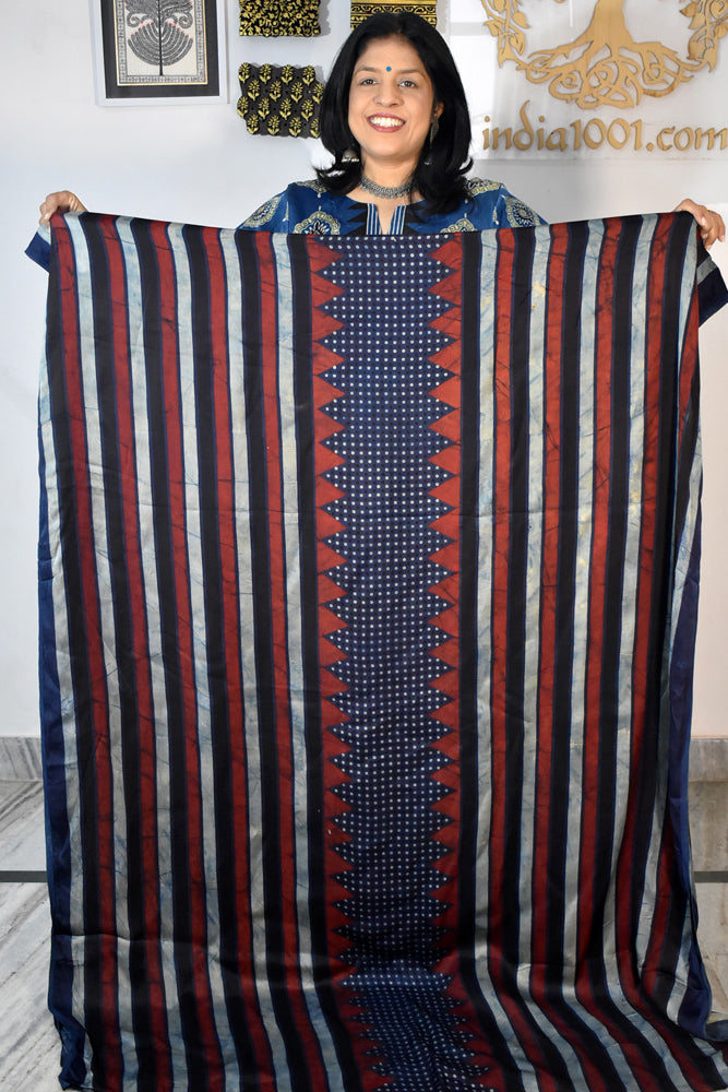Beautiful Modal Silk Ajrakh Hand Block Print Fabric - 3 mtrs cut