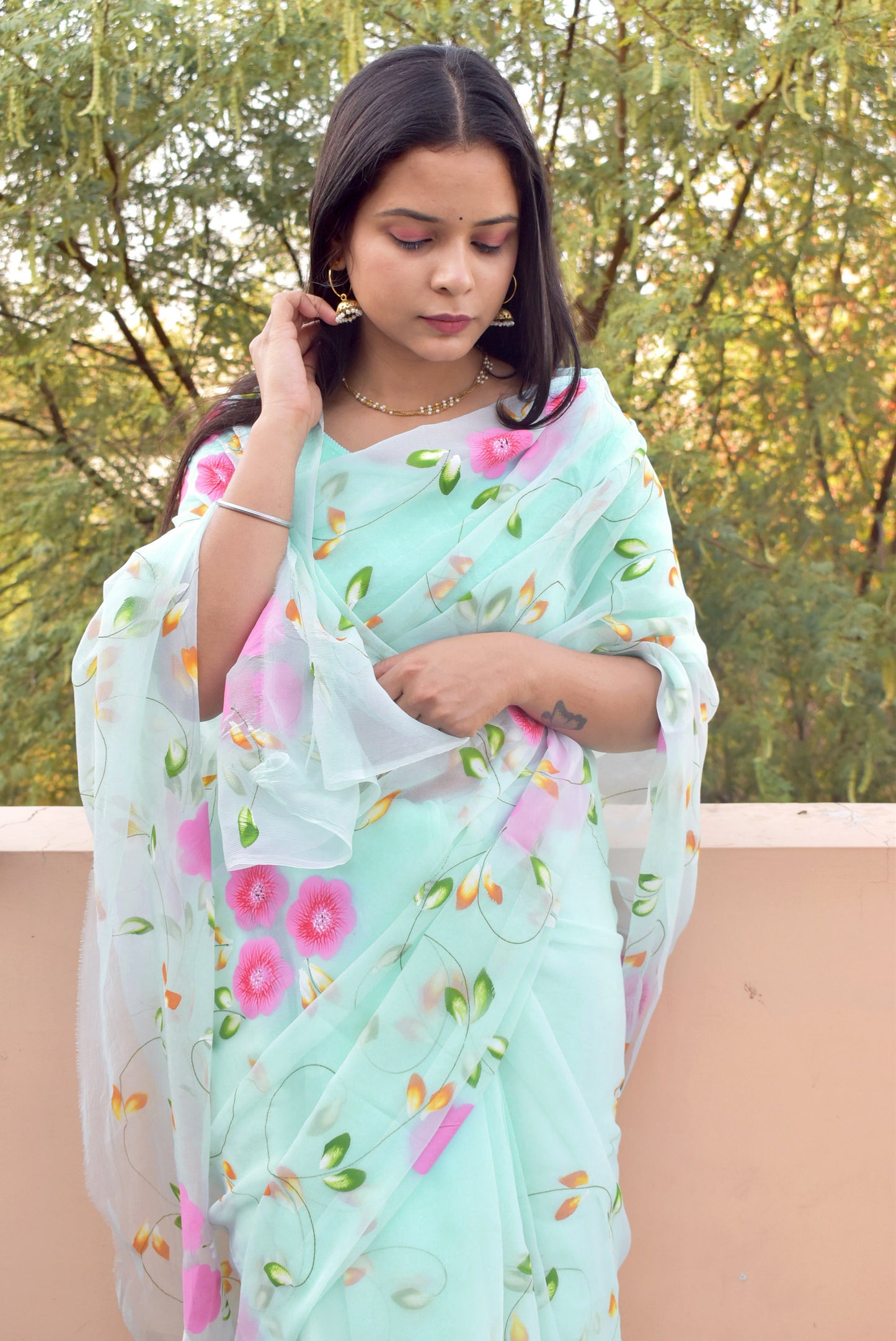 Prakriti : Beautiful Organza Saree with Hand Painted Floral Motifs