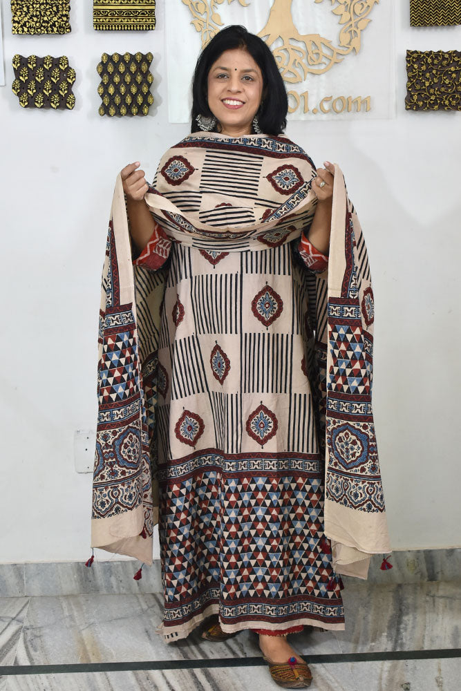 Designer Ajrakh Cotton kurta with  panel design & Mirror work & Cotton dupatta - 3 piece set