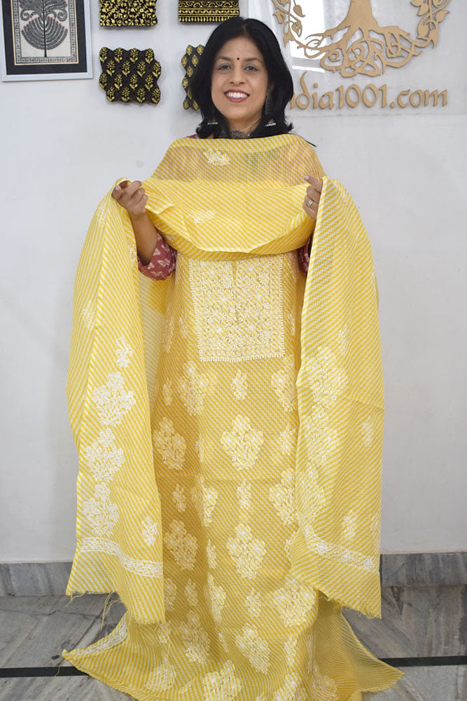 Elegant Leheriya Lucknowi Chikankari Hand Embroidery work Kurta Fabric and dupatta set - 2 pc set