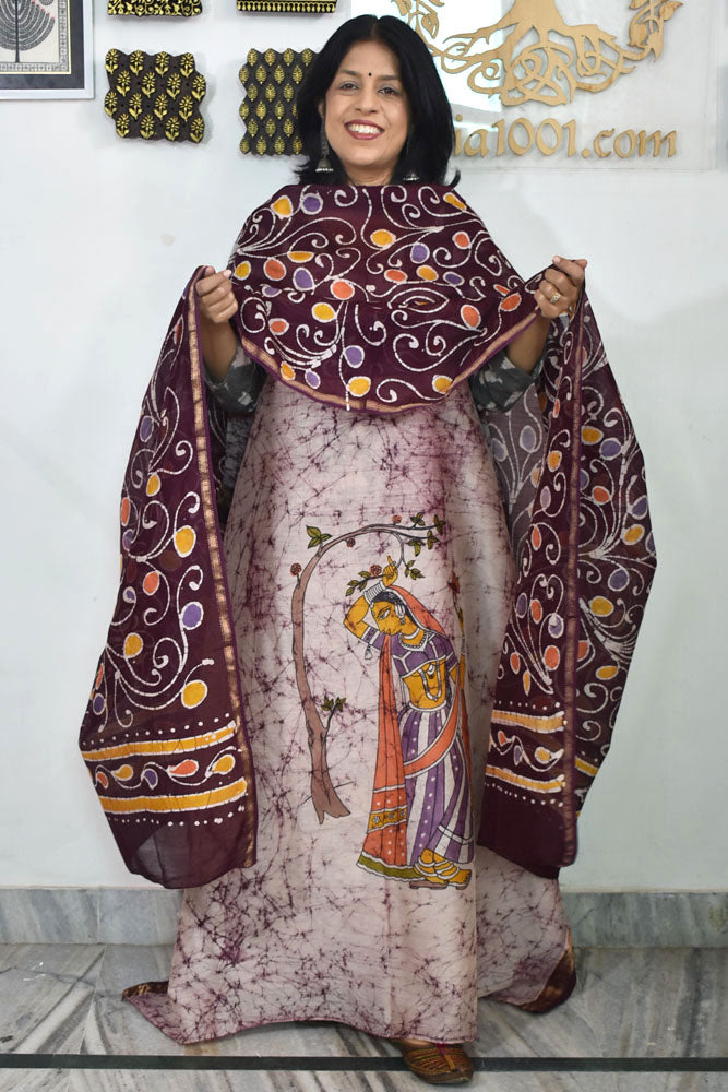 Elegant Handwoven Maheshwari silkcotton kurta fabric & dupatta set with Wax Batik work