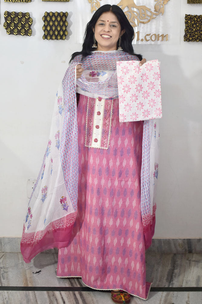 Elegant Handwoven Ikkat Cotton Unstitched Suit with Ajrakh patch ,Intricate Hand Embroidery block print dupatta