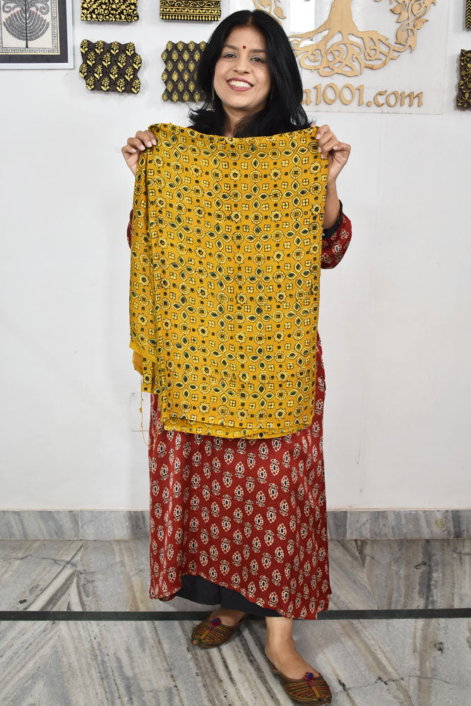Beautiful Modal Silk Ajrakh Hand Block Print Fabric - 3 mtrs cut