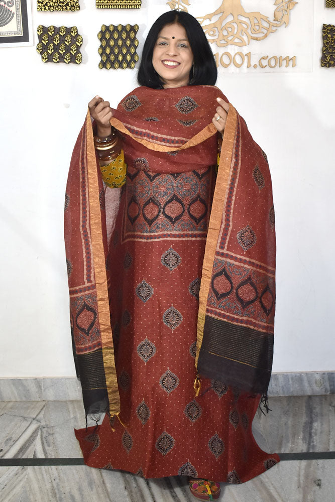 Beautiful Pure Linen Ajrakh Hand Block Print Suit