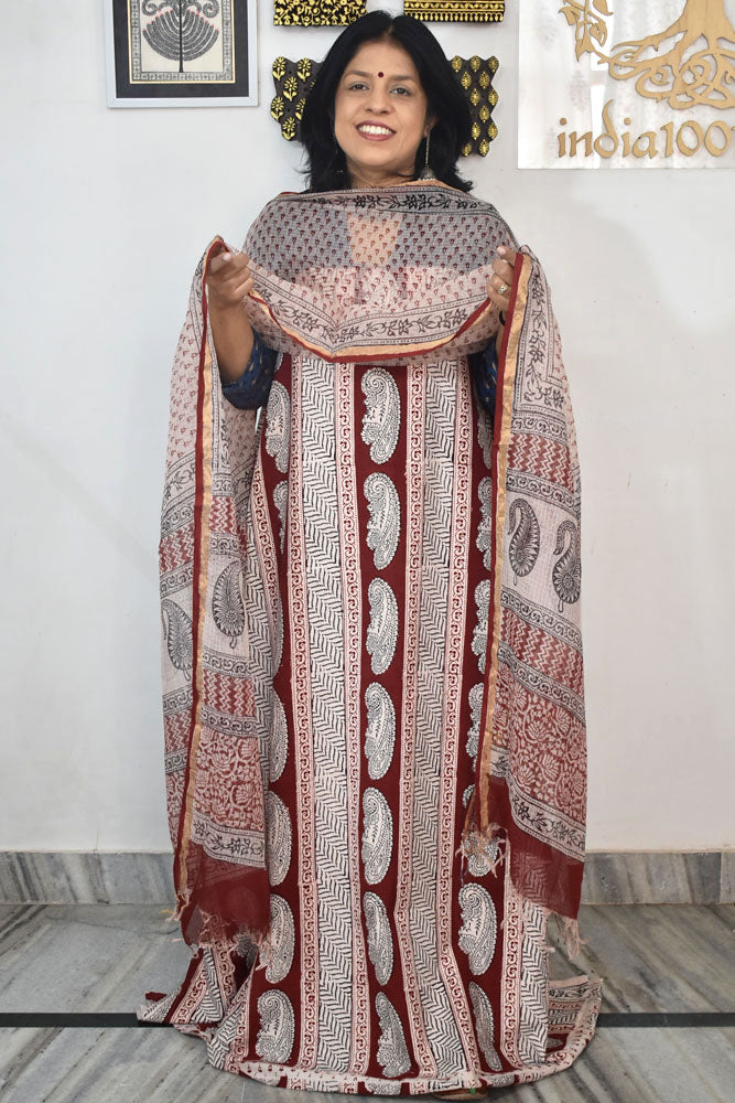 Classic Bagh Block Printed unstitched suit fabric with Kota Doria dupatta