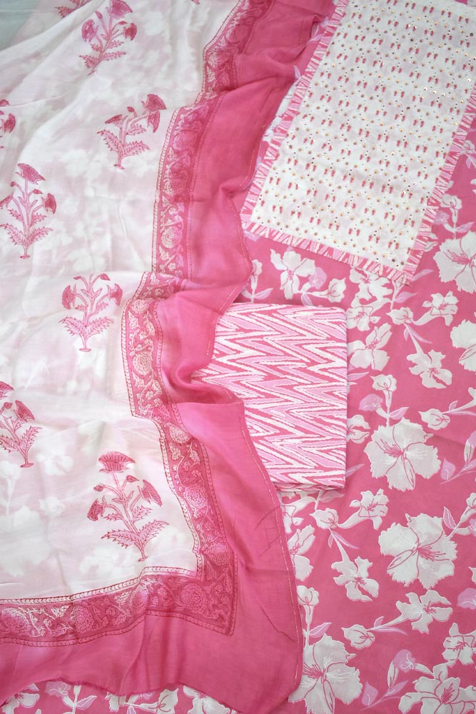 Beautiful Cotton Unstitched Suit with Neck patch, Intricate Hand Embroidery & Block print Muslin dupatta