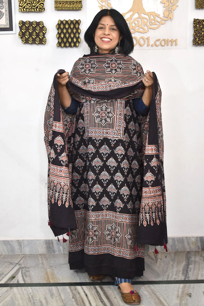 Block Print Ajrakh Cotton Suit with designer Ajrakh neck yoke /panel & Dupatta